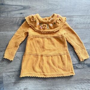 Max Studio Baby Girl Mustard Knit Sweater Dress Floral Embroidered Boho